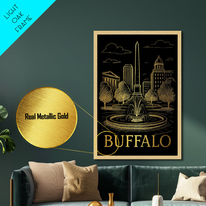 Buffalo New York art, Metallic Gold Art, Housewarming Gift, Metal Art, Wood Framed Art, Newlywed Travel Gift, Honeymoon Gift