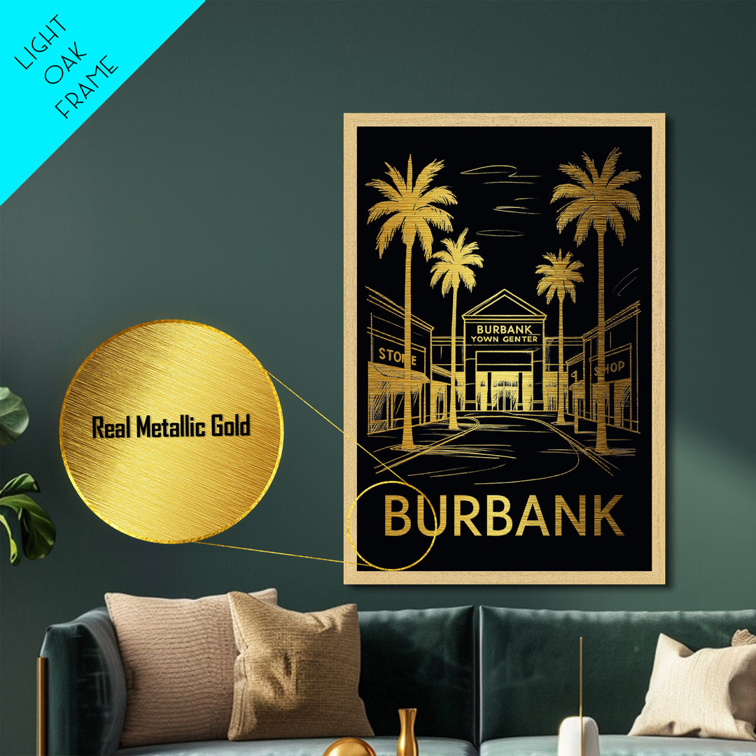 Burbank California art, Metallic Gold Art, Office Decor, Metal Art, Wood Framed Art, Graduation Travel Gift, Destination Gift