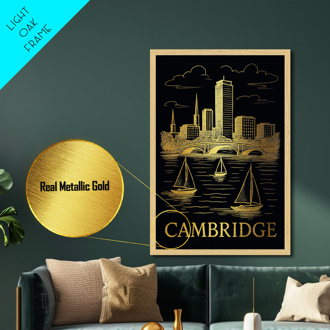 Cambridge Massachusetts art, Metallic Gold Art, Travel Art Prints, Metal Art, Wood Framed Art, Adventure Lover Gift, Traveler Gift