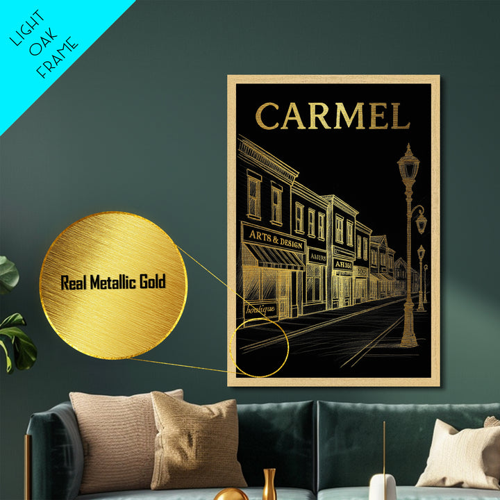 Carmel Indiana travel, Metallic Gold Print, Modern Skyline Wall Print, Metal Art, Wood Framed Art, Adventure Lover Gift, Travel Gift