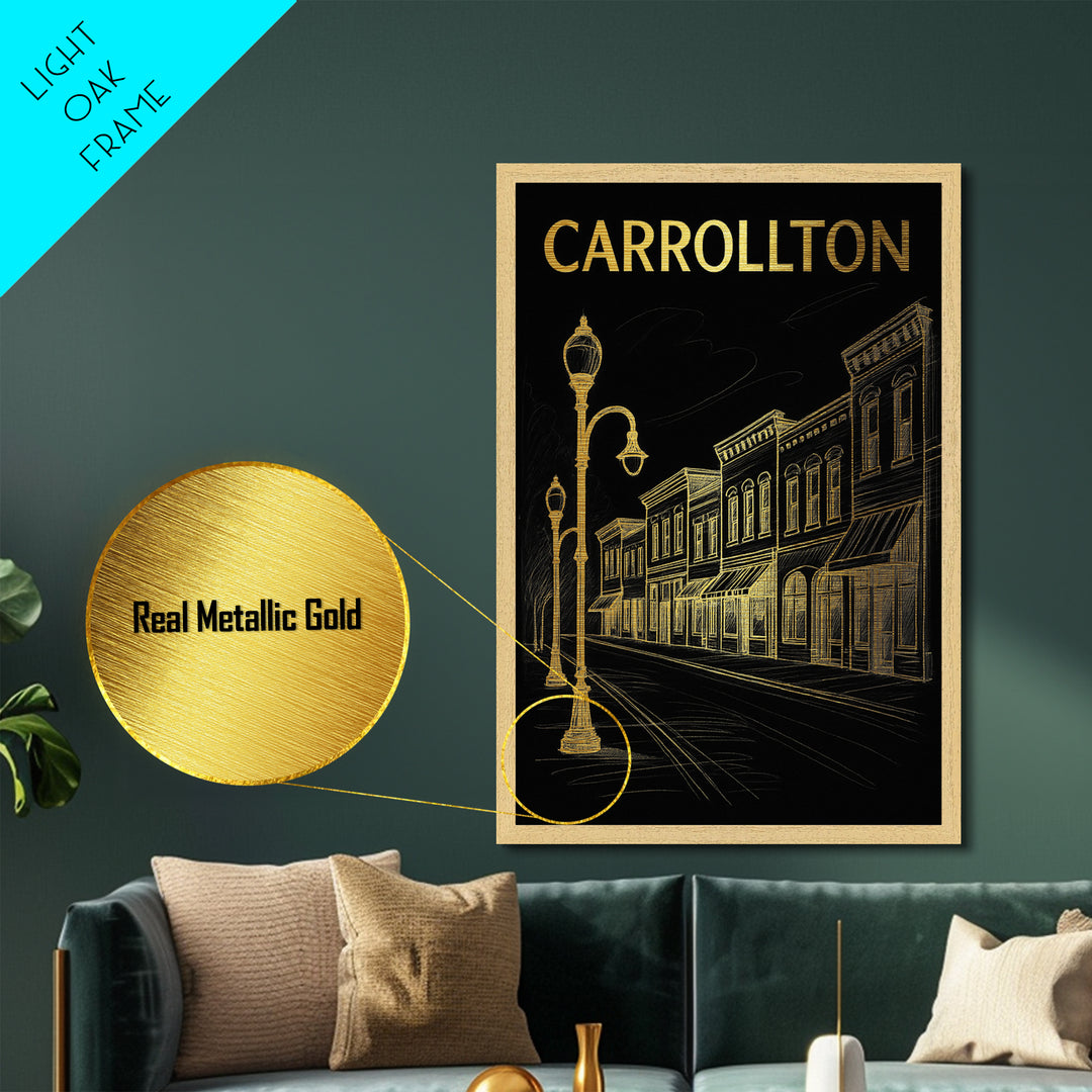 Carrollton Texas travel, Metallic Gold Print, Closing Gift, Metal Art, Wood Framed Art, Anniversary Travel Gift, Retirement Travel Gift