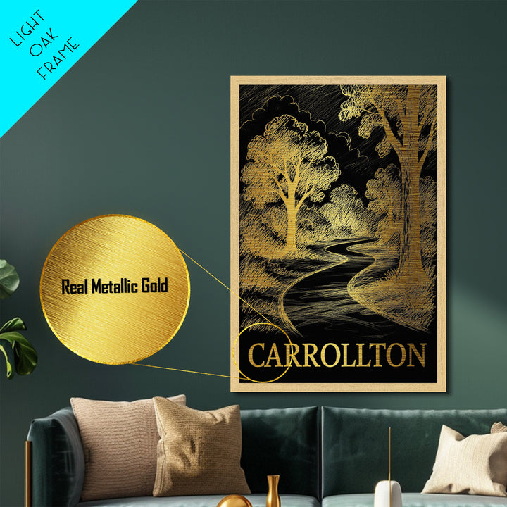 Carrollton Texas art, Metallic Gold Art, Office Decor, Metal Art, Wood Framed Art, Graduation Travel Gift, Destination Gift