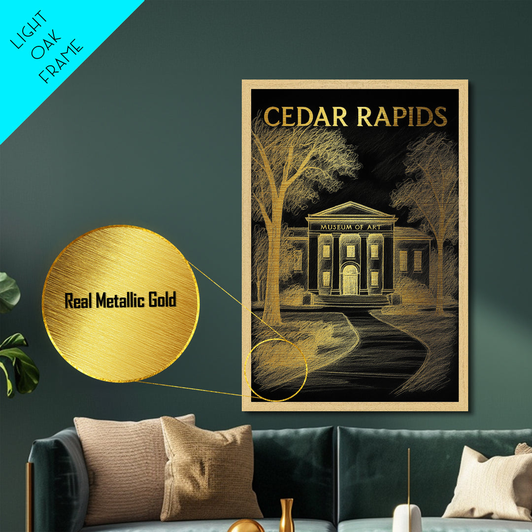 Cedar Rapids Iowa travel, Metallic Gold Print, Modern House Art, Metal Art, Wood Framed Art, Traveler Gift, Destination Gift
