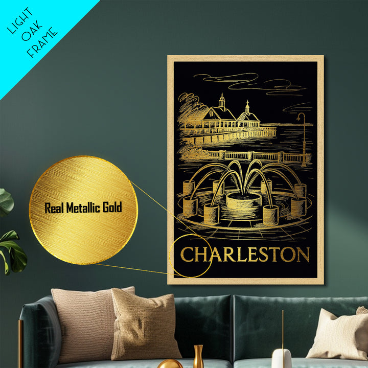 Charleston South Carolina art, Metallic Gold Art, Office Decor, Metal Art, Wood Framed Art, Graduation Travel Gift, Destination Gift