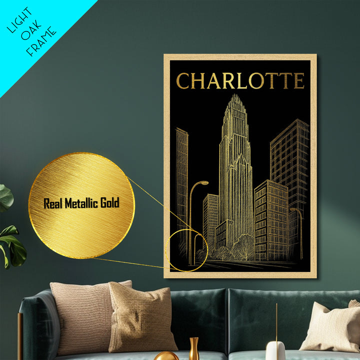 Charlotte North Carolina travel, Metallic Gold Print, Modern House Art, Metal Art, Wood Framed Art, Wanderlust Gift, Travel Art Prints