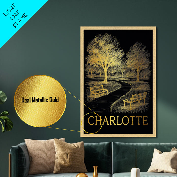 Charlotte North Carolina art, Metallic Gold Art, Travel Art Prints, Metal Art, Wood Framed Art, Wanderlust Gift, Adventure Lover Gift