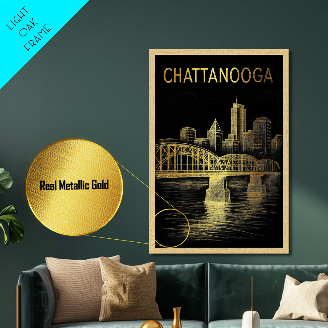 Chattanooga Tennessee travel, Metallic Gold Print, Modern House Art, Metal Art, Wood Framed Art, Traveler Gift, Destination Gift
