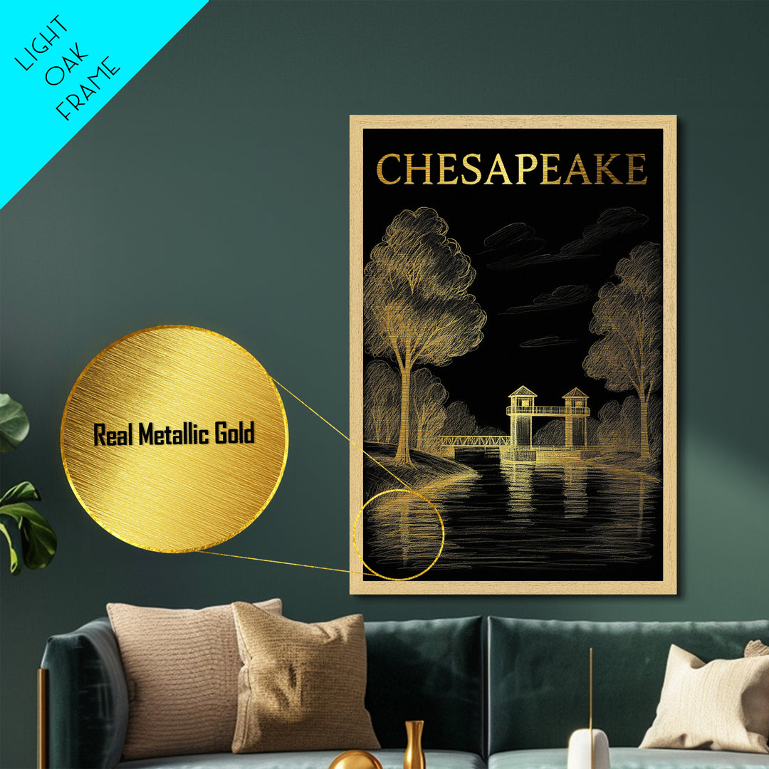 Chesapeake Virginia travel, Metallic Gold Print, College Dorm Décor, Metal Art, Wood Framed Art, Graduation Travel Gift, Traveler Gift