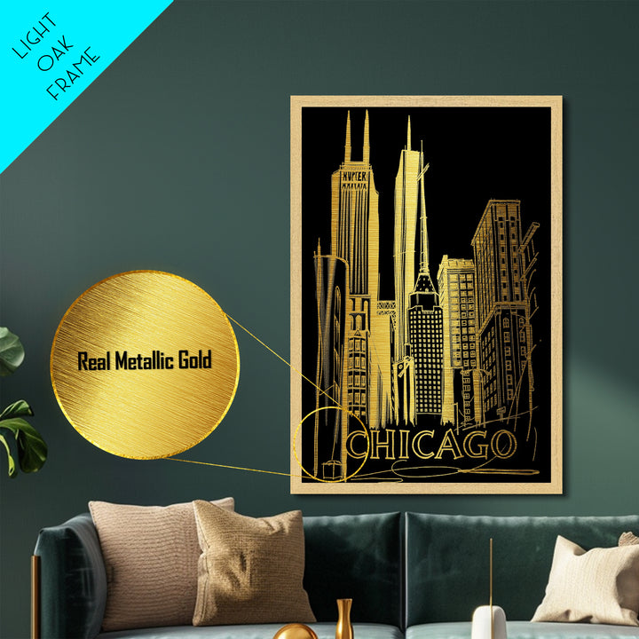 Chicago Illinois travel, Metallic Gold Print, Modern Skyline Wall Print, Metal Art, Wood Framed Art, Adventure Lover Gift, Travel Gift