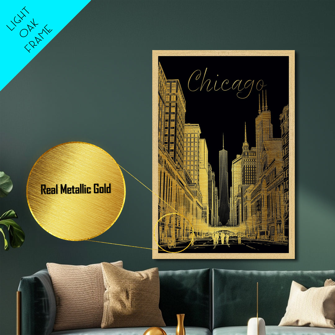 Chicago Illinois art, Metallic Gold Art, Housewarming Gift, Metal Art, Wood Framed Art, Newlywed Travel Gift, Honeymoon Gift
