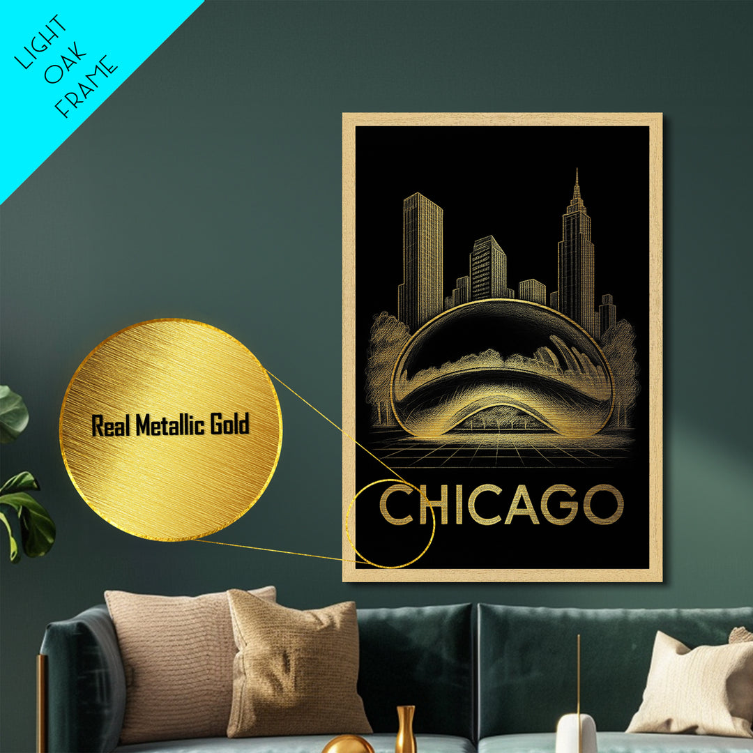 Chicago Illinois travel, Metallic Gold Print, Modern Skyline Wall Print, Metal Art, Wood Framed Art, Anniversary Travel Gift, Traveler Gift