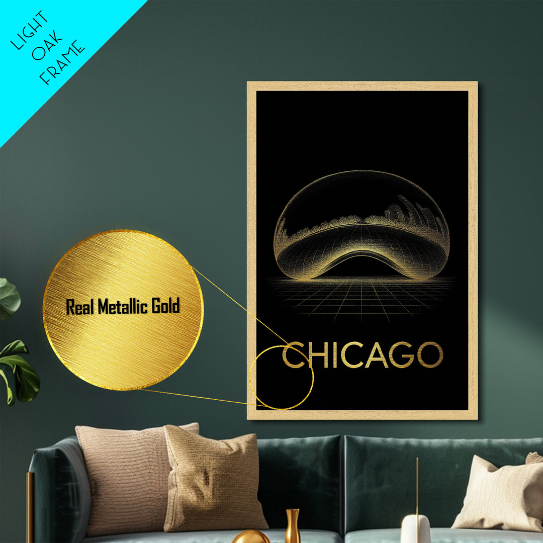 Chicago Illinois art, Metallic Gold Art, Housewarming Gift, Metal Art, Wood Framed Art, Graduation Travel Gift, Destination Gift
