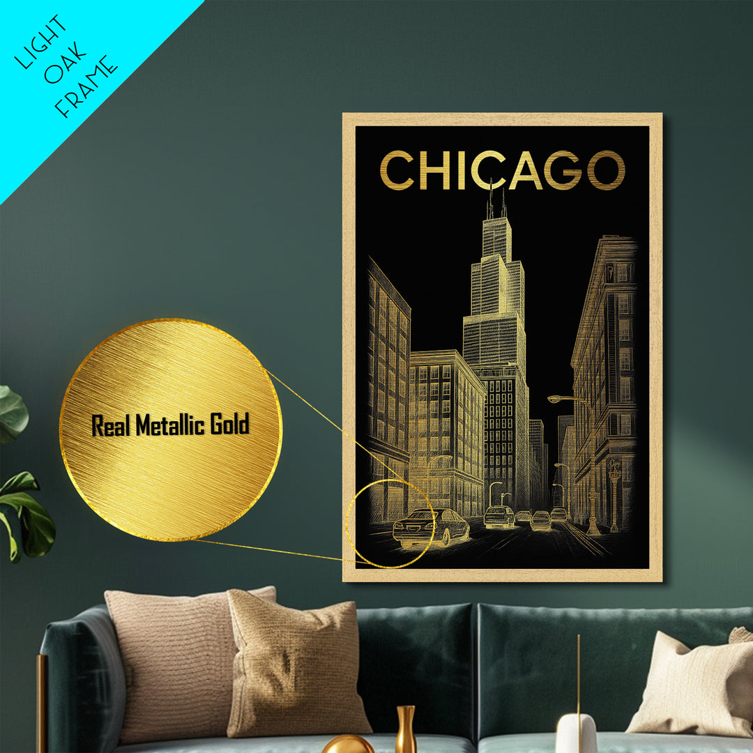 Chicago Illinois travel, Metallic Gold Print, Closing Gift, Metal Art, Wood Framed Art, Anniversary Travel Gift, Retirement Travel Gift