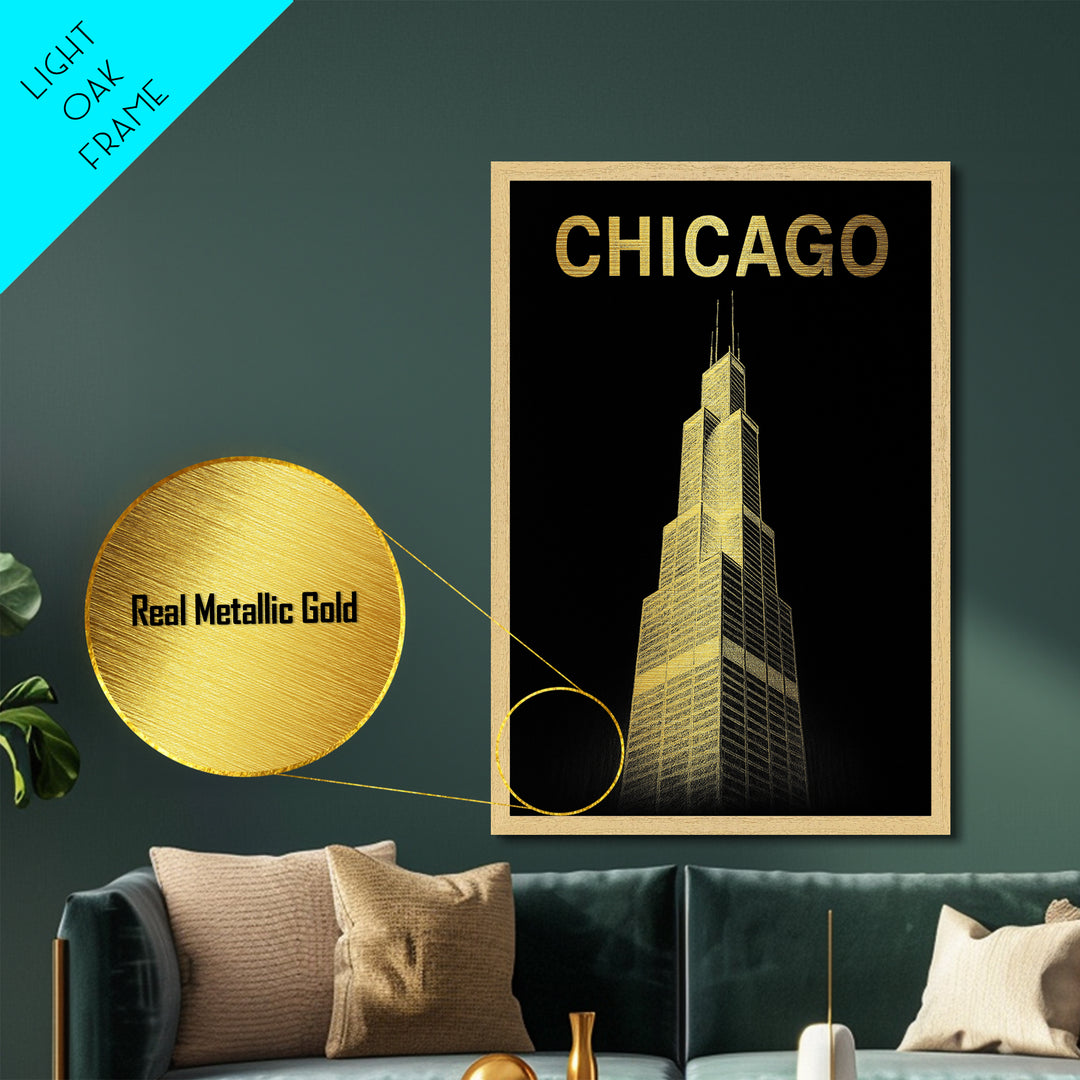 Chicago Illinois art, Metallic Gold Art, Office Decor, Metal Art, Wood Framed Art, Graduation Travel Gift, Destination Gift