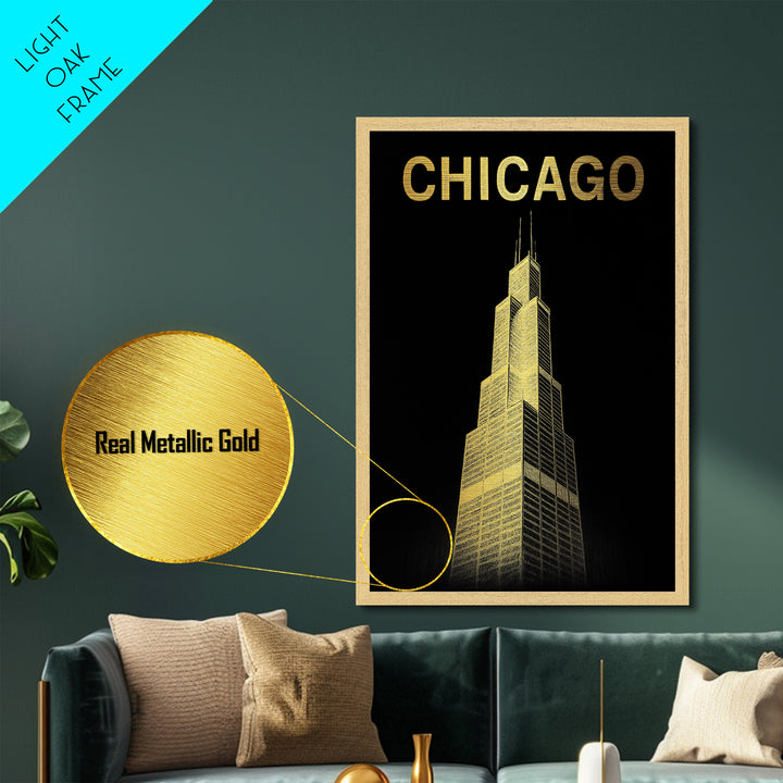 Chicago Illinois art, Metallic Gold Art, Office Decor, Metal Art, Wood Framed Art, Graduation Travel Gift, Destination Gift