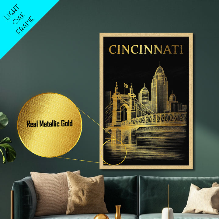 Cincinnati Ohio travel, Metallic Gold Print, Modern House Art, Metal Art, Wood Framed Art, Wanderlust Gift, Travel Art Prints