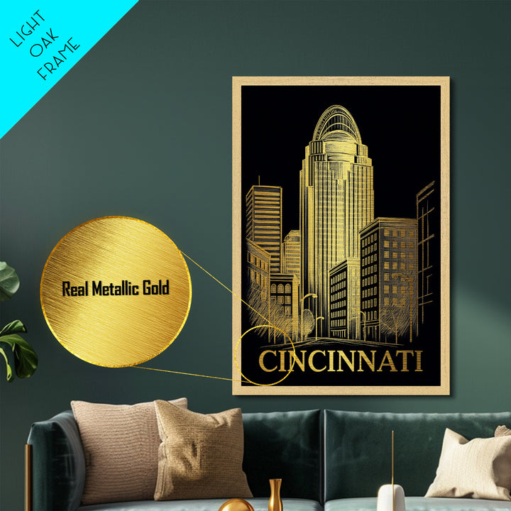Cincinnati Ohio art, Metallic Gold Art, Travel Art Prints, Metal Art, Wood Framed Art, Adventure Lover Gift, Traveler Gift