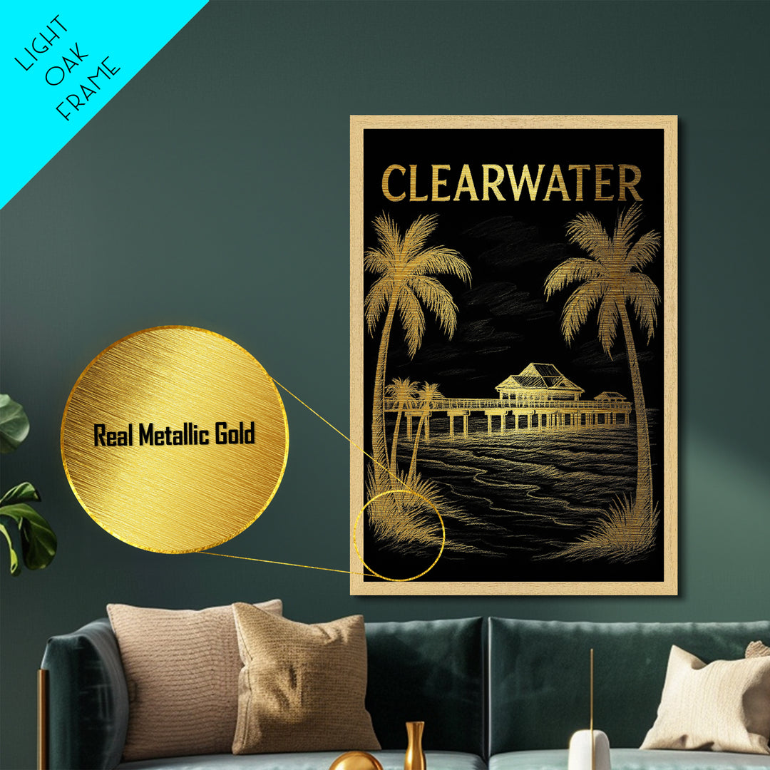 Clearwater Florida travel, Metallic Gold Print, College Dorm Décor, Metal Art, Wood Framed Art, Graduation Travel Gift, Traveler Gift