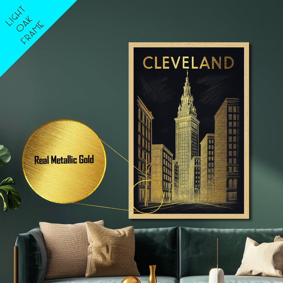 Cleveland Ohio travel, Metallic Gold Print, Modern Skyline Wall Print, Metal Art, Wood Framed Art, Adventure Lover Gift, Travel Gift