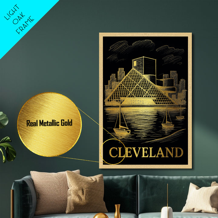 Cleveland Ohio art, Metallic Gold Art, Housewarming Gift, Metal Art, Wood Framed Art, Newlywed Travel Gift, Honeymoon Gift