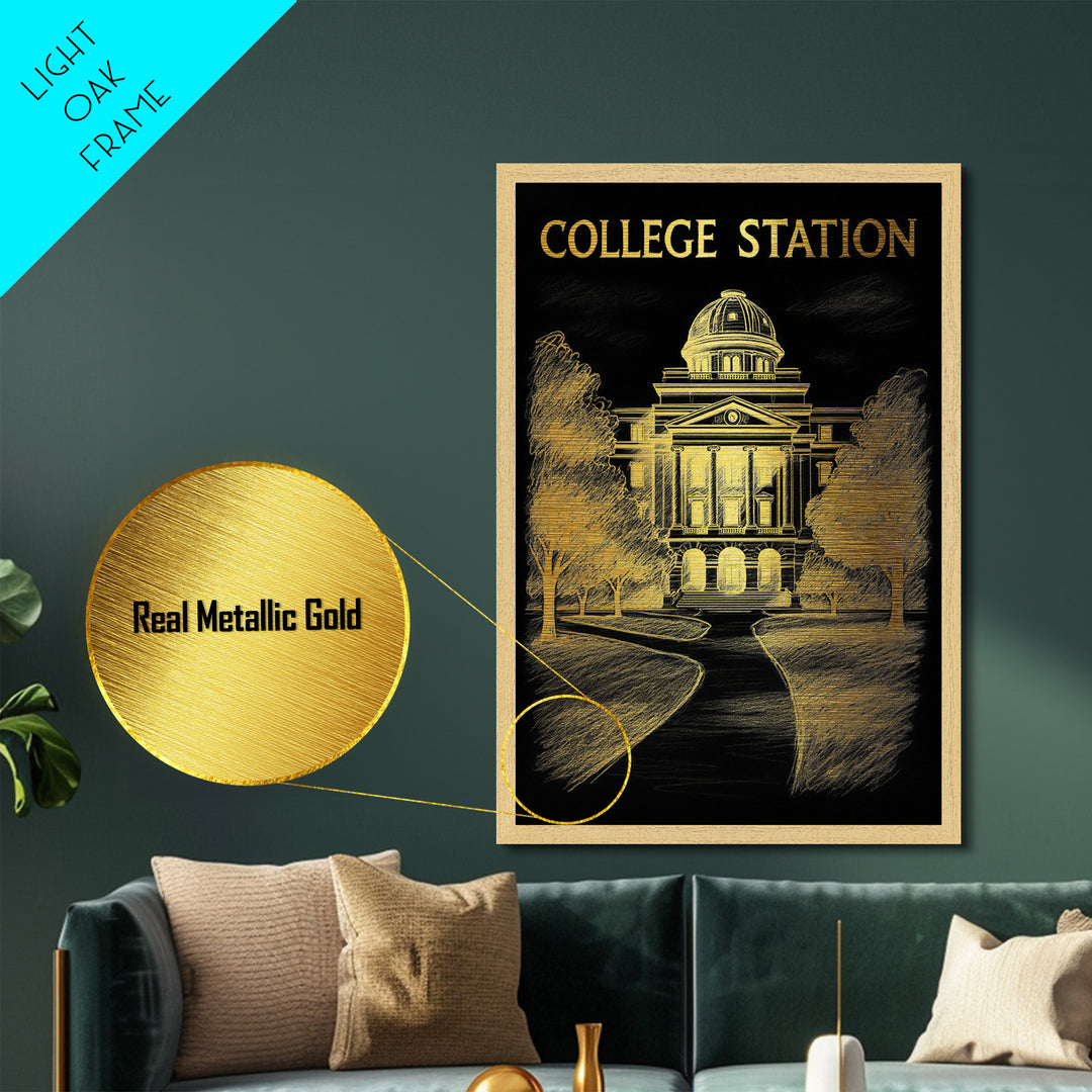 College Station Texas travel, Metallic Gold Print, College Dorm Décor, Metal Art, Wood Framed Art, Graduation Travel Gift, Traveler Gift