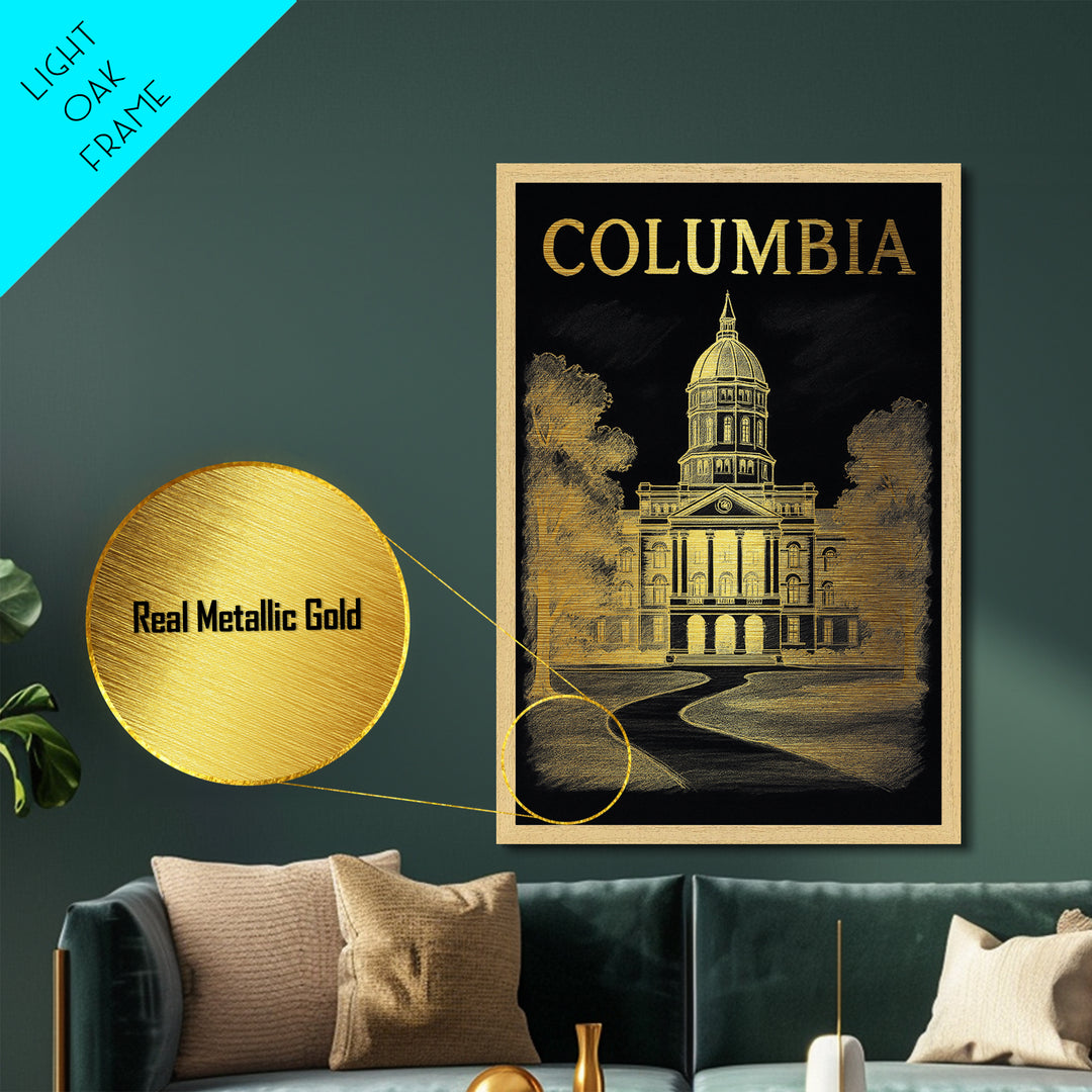Columbia Missouri art, Metallic Gold Art, Modern House Art, Metal Art, Wood Framed Art, Graduation Travel Gift, Travel Gift