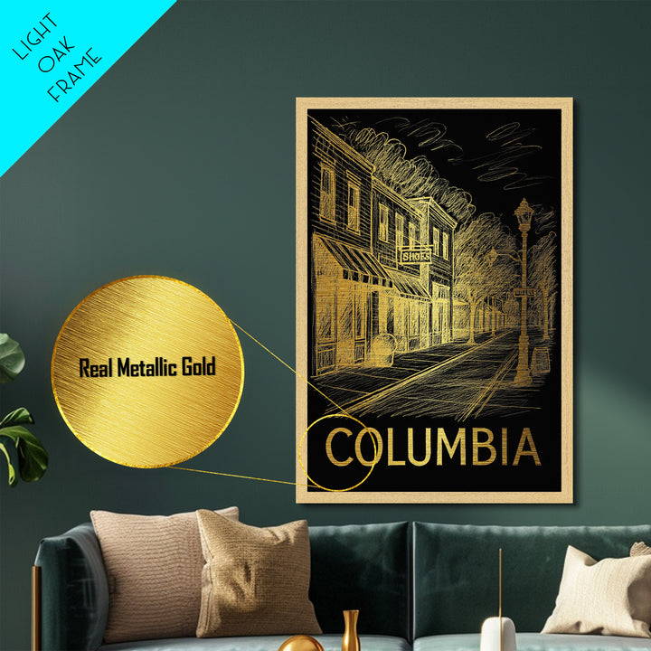 Columbia South Carolina travel, Metallic Gold Print, Modern Skyline Wall Print, Metal Art, Wood Framed Art, Adventure Lover Gift
