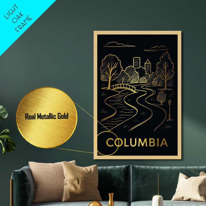 Columbia South Carolina art, Metallic Gold Art, Housewarming Gift, Metal Art, Wood Framed Art, Newlywed Travel Gift, Honeymoon Gift