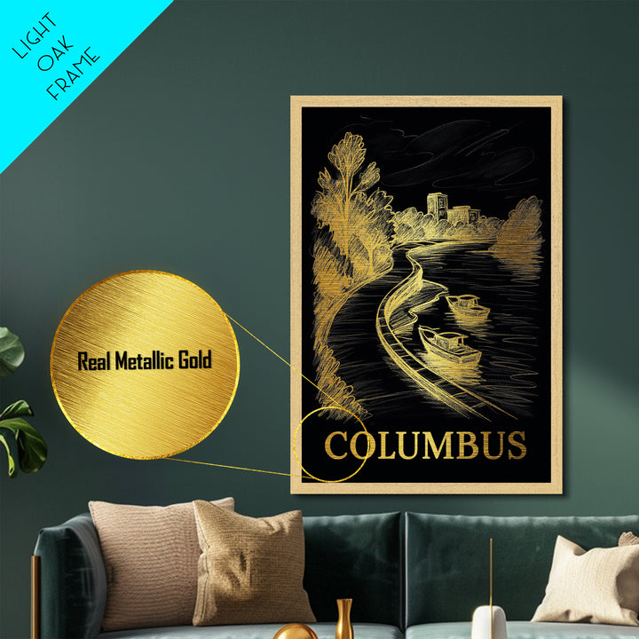 Columbus Ohio travel, Metallic Gold Print, Modern Skyline Wall Print, Metal Art, Wood Framed Art, Adventure Lover Gift, Travel Gift