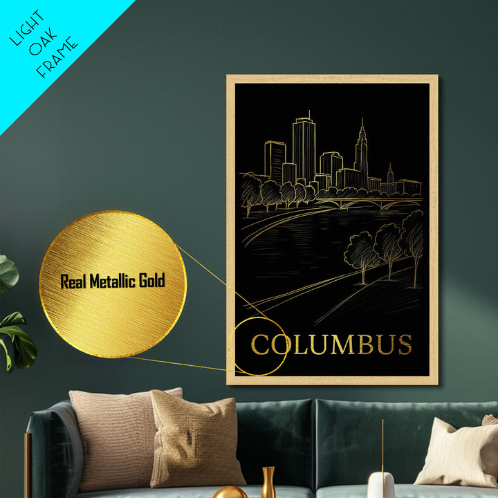 Columbus Ohio art, Metallic Gold Art, Housewarming Gift, Metal Art, Wood Framed Art, Newlywed Travel Gift, Honeymoon Gift