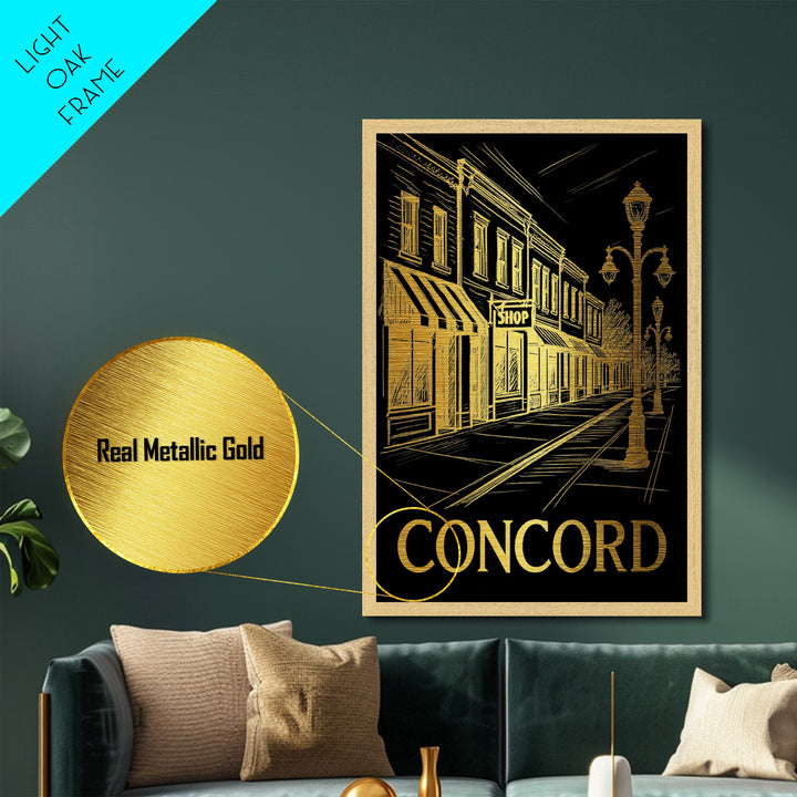 Concord North Carolina travel, Metallic Gold Print, Closing Gift, Metal Art, Wood Framed Art, Anniversary Travel Gift, Retirement Gift