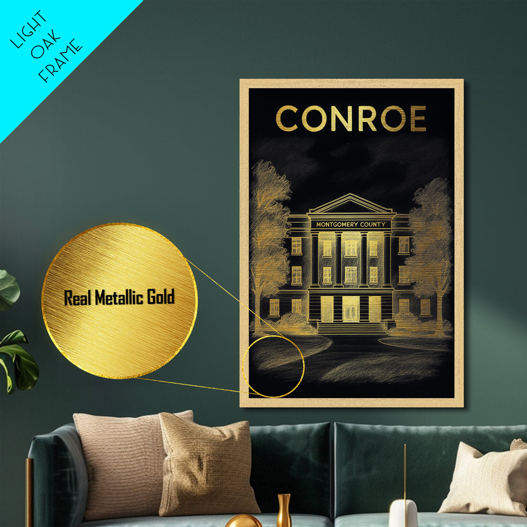 Conroe Texas travel, Metallic Gold Print, Modern House Art, Metal Art, Wood Framed Art, Wanderlust Gift, Travel Art Prints