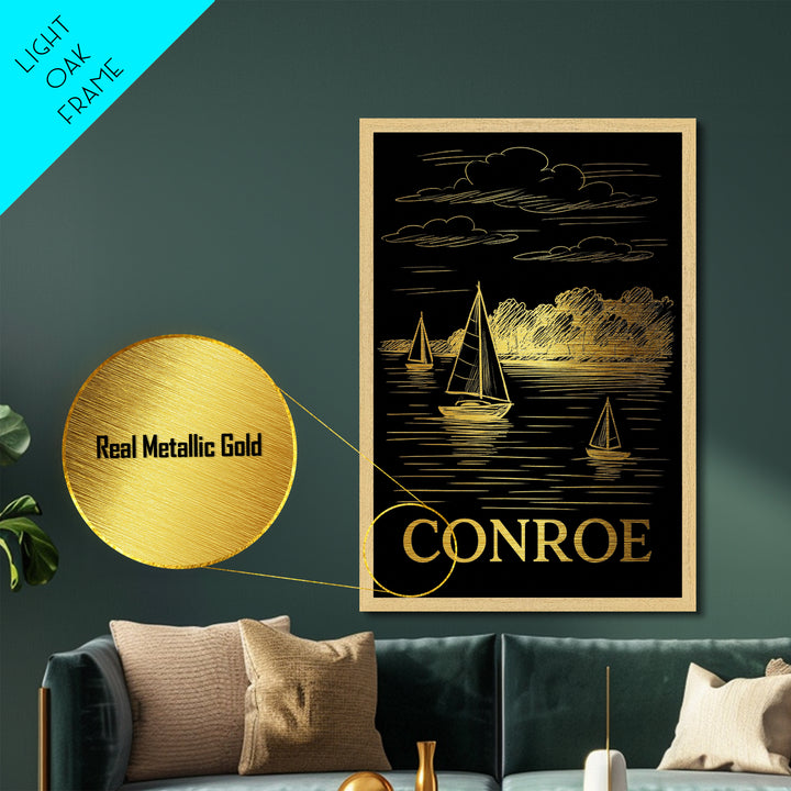 Conroe Texas art, Metallic Gold Art, Travel Art Prints, Metal Art, Wood Framed Art, Adventure Lover Gift, Traveler Gift