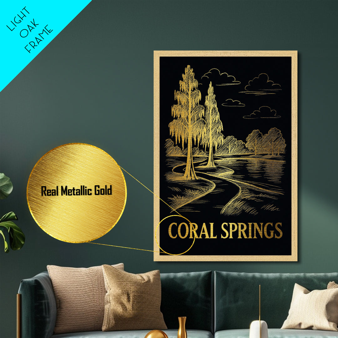 Coral Springs Florida art, Metallic Gold Art, Travel Art Prints, Metal Art, Wood Framed Art, Adventure Lover Gift, Traveler Gift