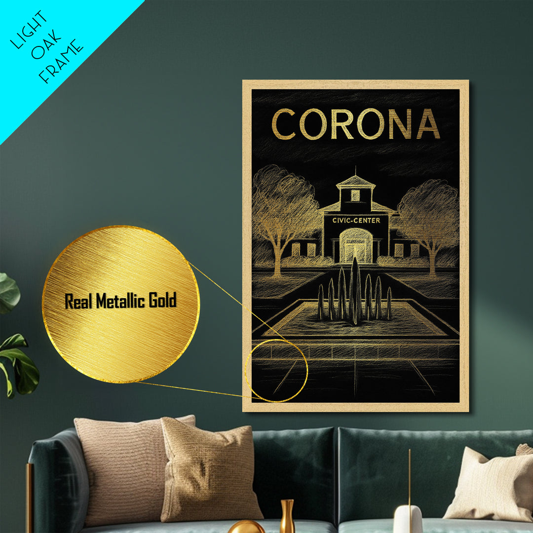 Corona California travel, Metallic Gold Print, Modern House Art, Metal Art, Wood Framed Art, Traveler Gift, Destination Gift