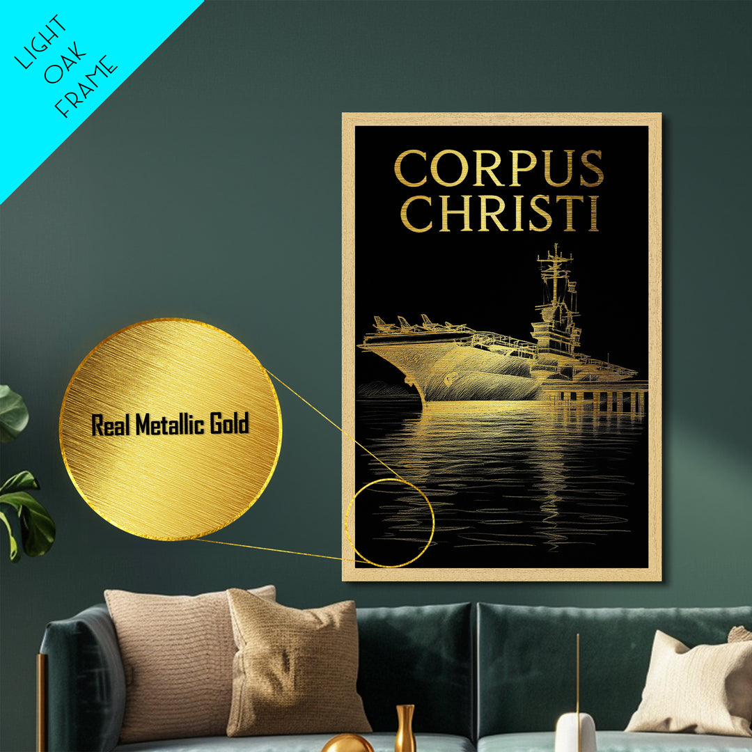 Corpus Christi Texas travel, Metallic Gold Print, College Dorm Décor, Metal Art, Wood Framed Art, Graduation Travel Gift, Traveler Gift