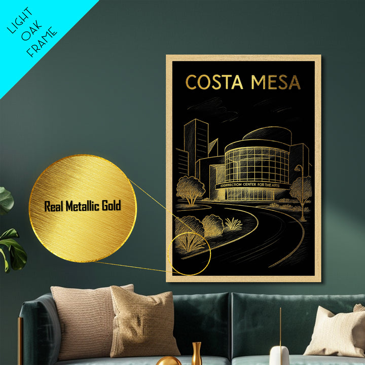 Costa Mesa California travel, Metallic Gold Print, Modern Skyline Wall Print, Metal Art, Wood Framed Art, Adventure Lover Gift, Travel Gift