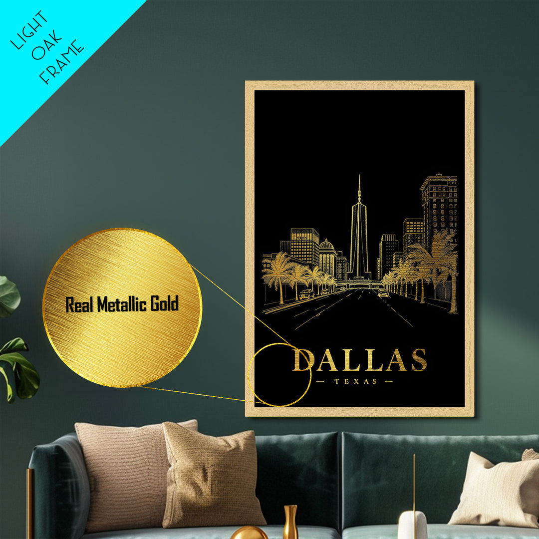 Dallas Texas travel, Metallic Gold Print, Closing Gift, Metal Art, Wood Framed Art, Anniversary Travel Gift, Retirement Travel Gift