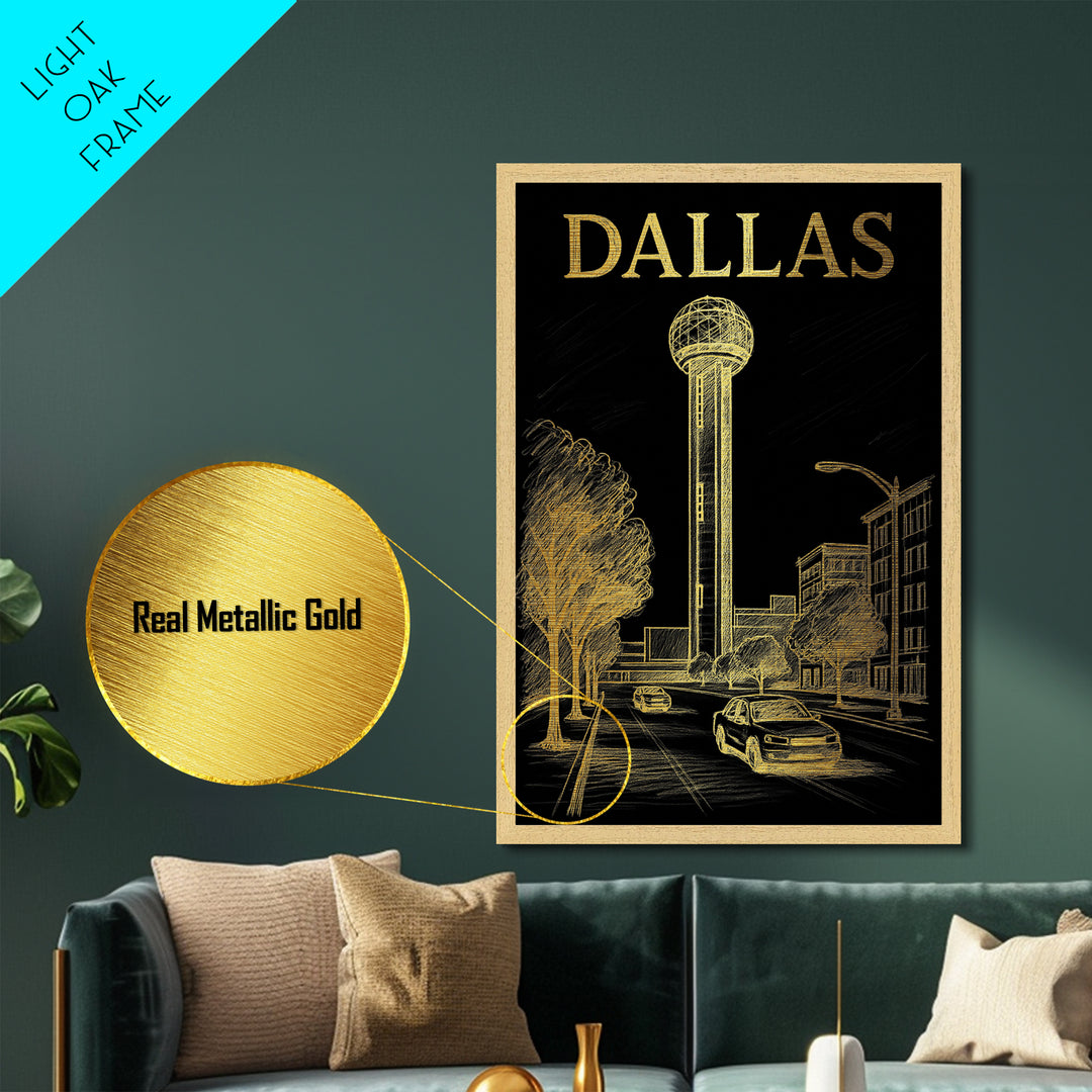 Dallas Texas travel, Metallic Gold Print, Modern House Art, Metal Art, Wood Framed Art, Traveler Gift, Destination Gift