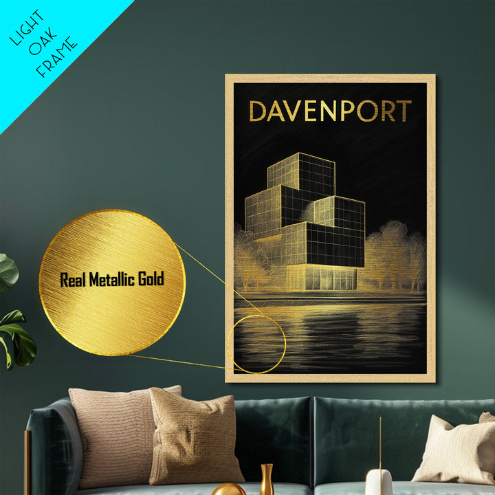 Davenport Iowa travel, Metallic Gold Print, Modern House Art, Metal Art, Wood Framed Art, Traveler Gift, Destination Gift