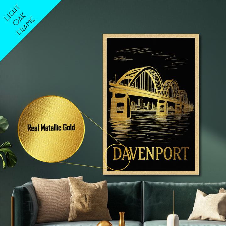 Davenport Iowa art, Metallic Gold Art, Modern House Art, Metal Art, Wood Framed Art, Graduation Travel Gift, Travel Gift