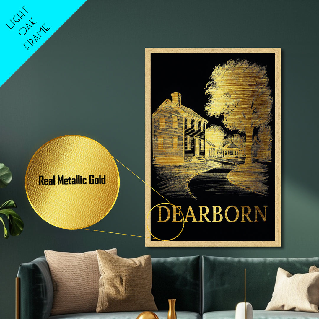 Dearborn Michigan travel, Metallic Gold Print, Modern House Art, Metal Art, Wood Framed Art, Traveler Gift, Destination Gift
