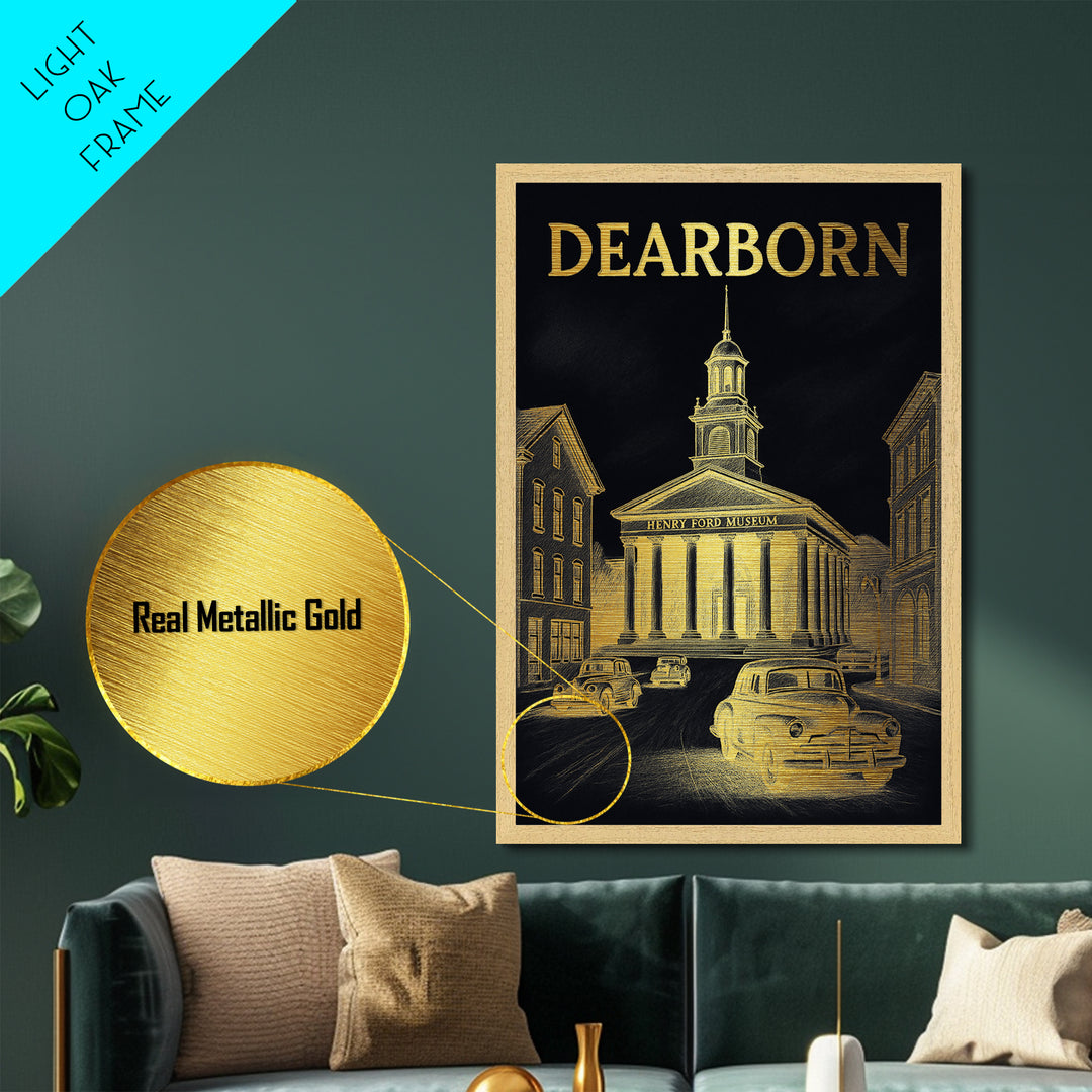 Dearborn Michigan art, Metallic Gold Art, Modern House Art, Metal Art, Wood Framed Art, Graduation Travel Gift, Travel Gift