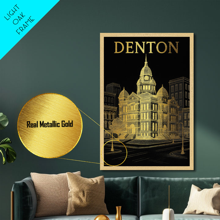 Denton Texas travel, Metallic Gold Print, College Dorm Décor, Metal Art, Wood Framed Art, Graduation Travel Gift, Traveler Gift