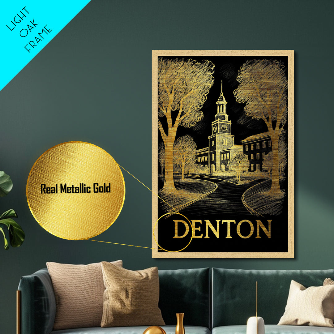 Denton Texas art, Metallic Gold Art, Best Friend Gifts, Metal Art, Wood Framed Art, Birthday Travel Gift, Destination Gift