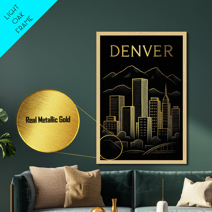 Denver Colorado travel, Metallic Gold Print, Modern Skyline Wall Print, Metal Art, Wood Framed Art, Adventure Lover Gift, Travel Gift
