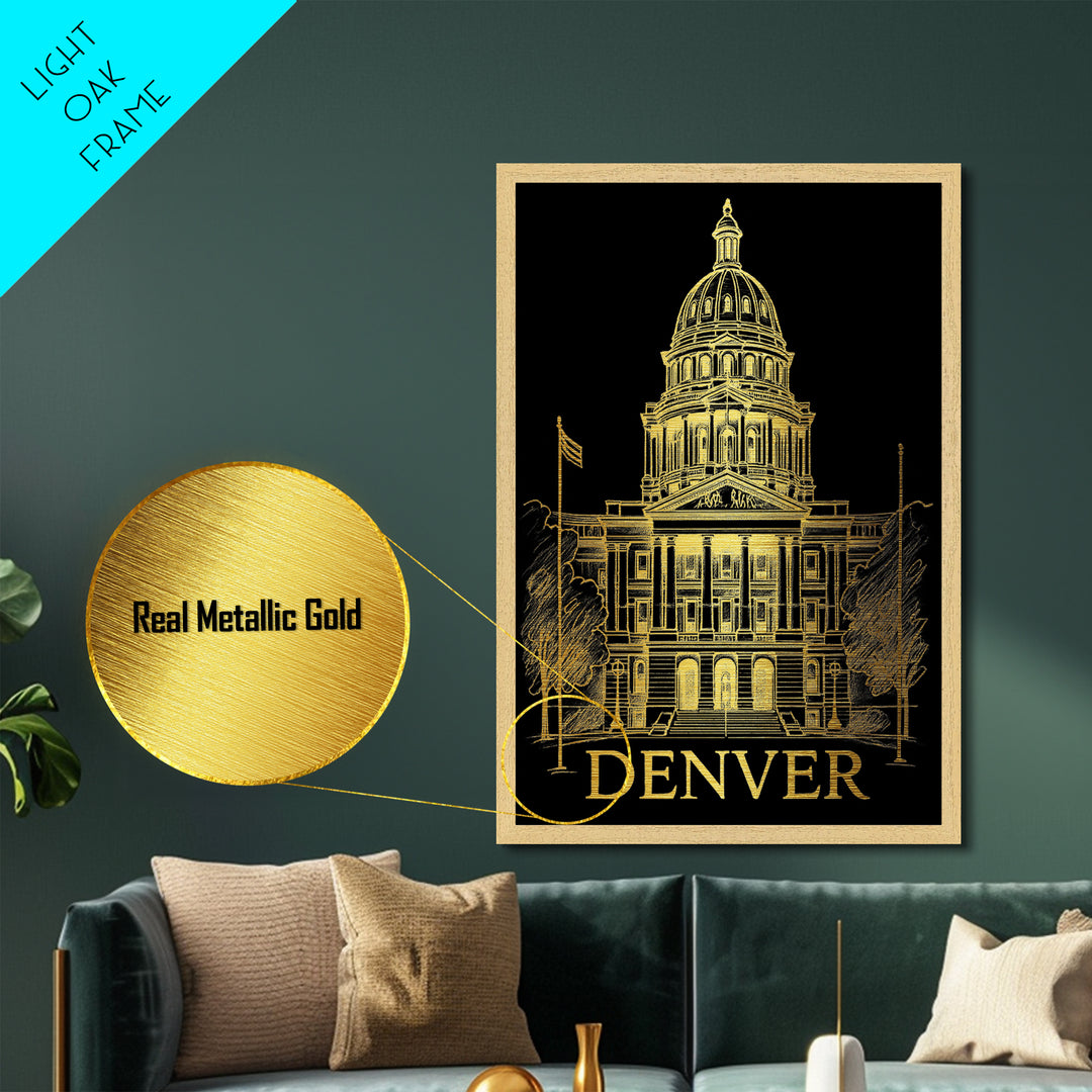 Denver Colorado art, Metallic Gold Art, Housewarming Gift, Metal Art, Wood Framed Art, Newlywed Travel Gift, Honeymoon Gift