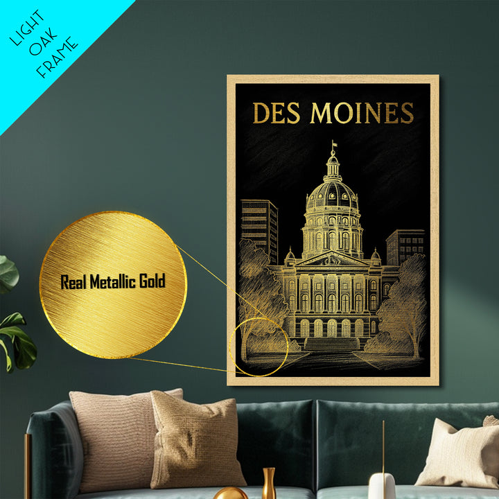 Des Moines Iowa travel, Metallic Gold Print, Closing Gift, Metal Art, Wood Framed Art, Anniversary Travel Gift, Retirement Travel Gift