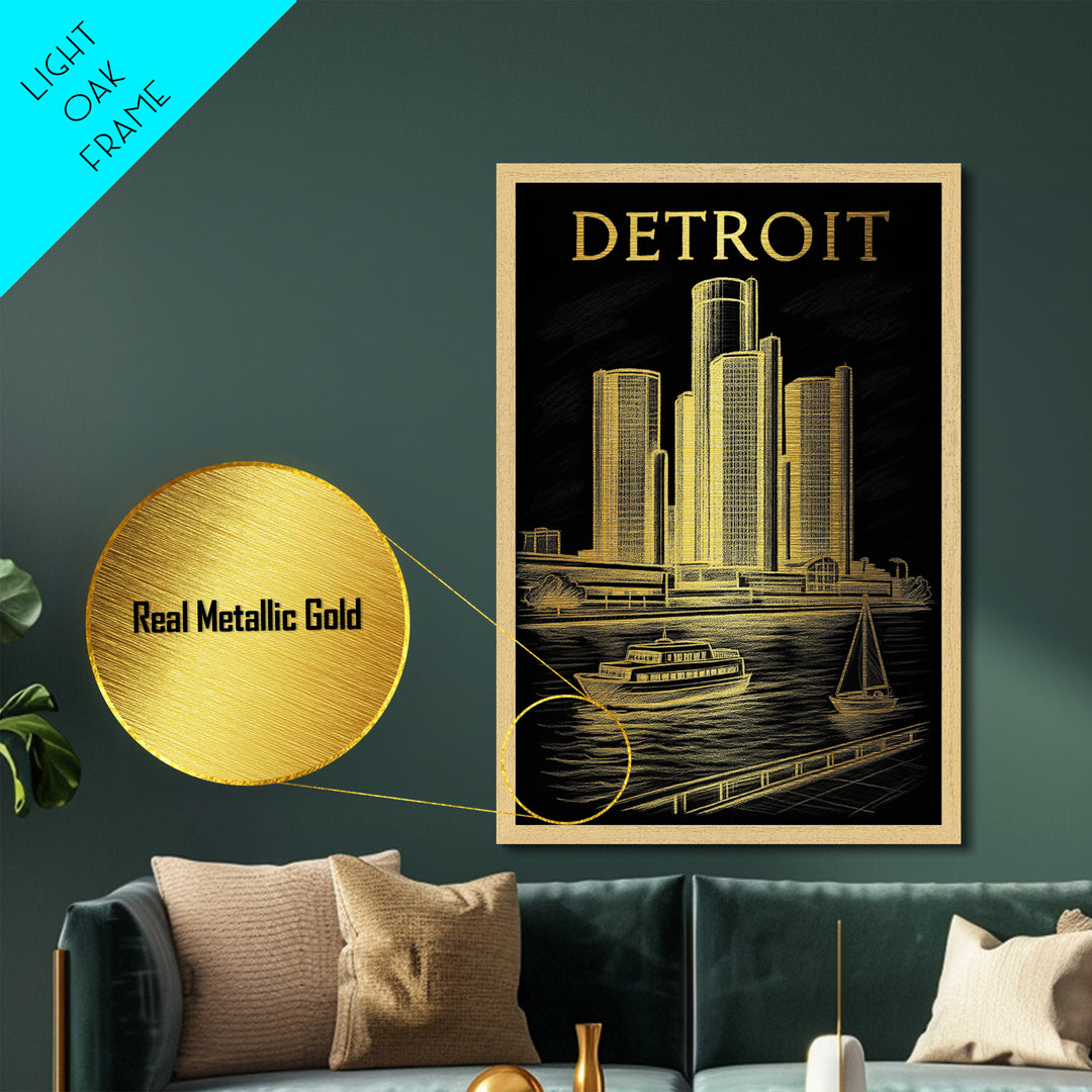 Detroit Michigan travel, Metallic Gold Print, Modern House Art, Metal Art, Wood Framed Art, Wanderlust Gift, Travel Art Prints