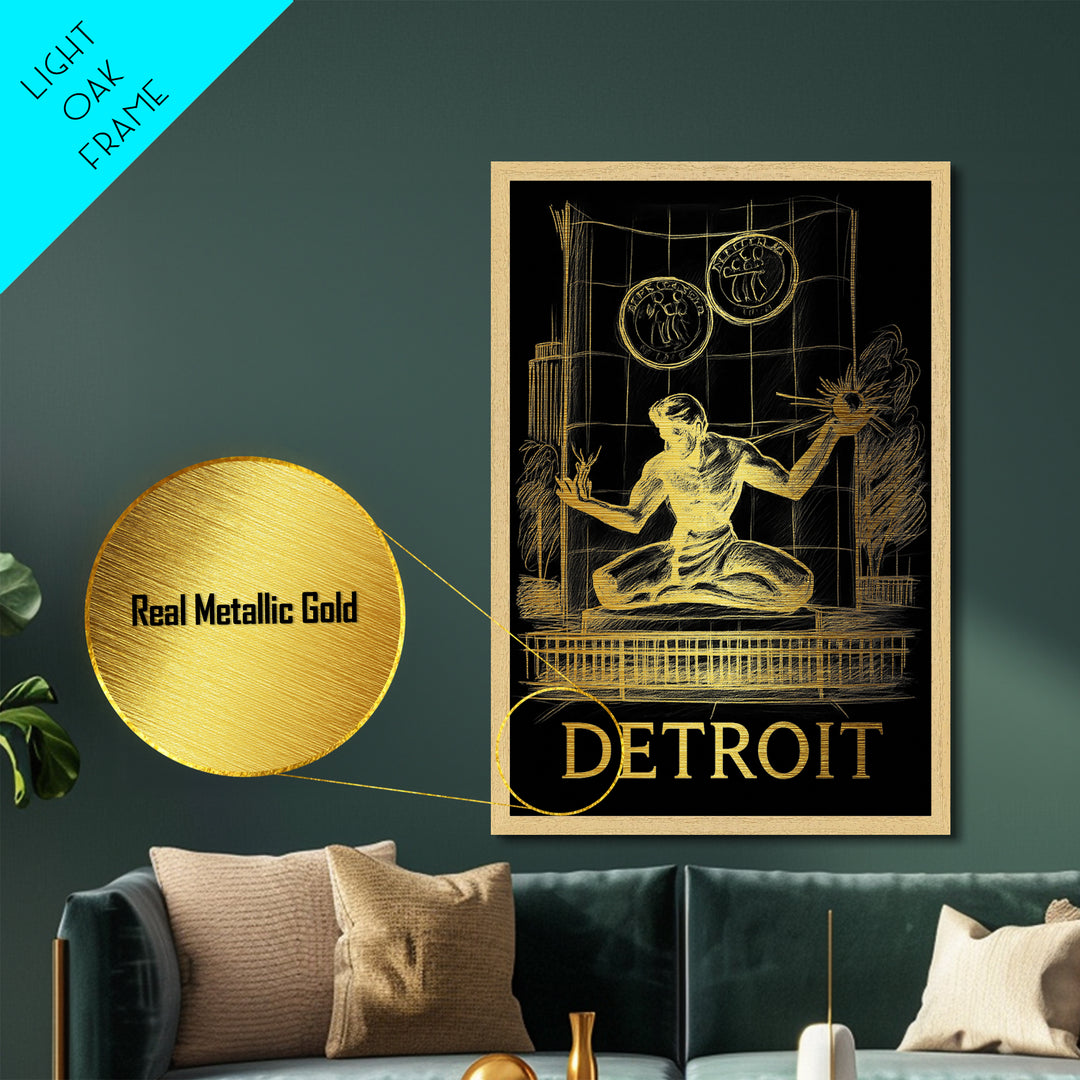 Detroit Michigan art, Metallic Gold Art, Travel Art Prints, Metal Art, Wood Framed Art, Adventure Lover Gift, Traveler Gift
